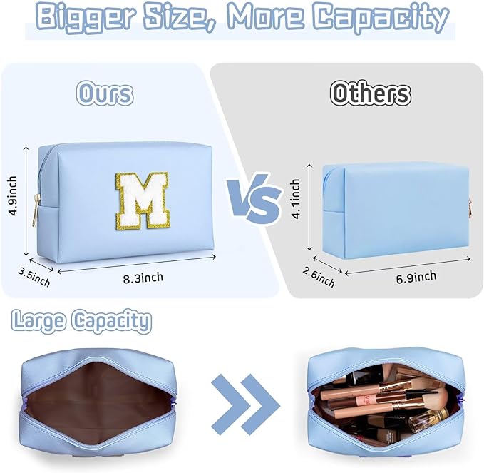 TOPEAST Initial Makeup Bags for Women, Personalized Portable Cosmetic Bag for Travel, Cute Makeup Pouch, PU Leather Waterproof Toiletry Bag, Preppy Things for Girl (Sky Blue V)