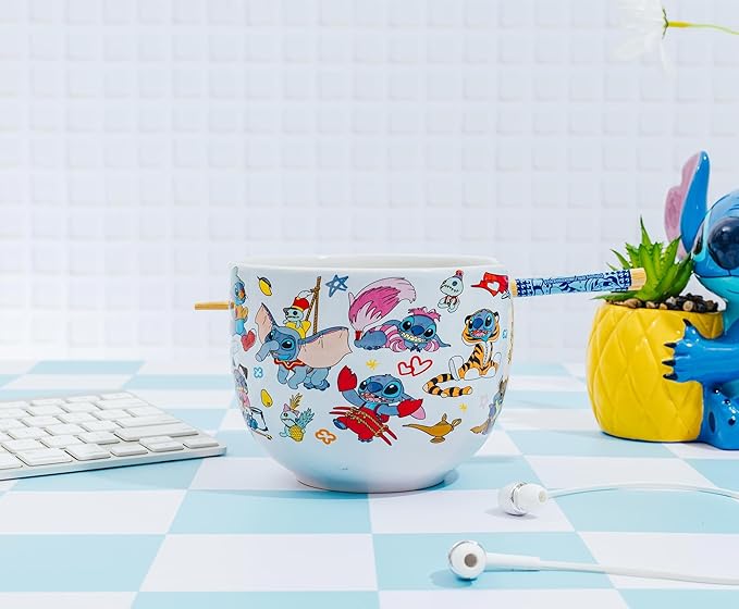 Silver Buffalo Disney Lilo and Stitch Featuring Stitch and Scrump in Disney Character Costumes Ceramic Ramen Noodle Rice Bowl with Chopsticks, Microwave Safe, 20 Ounces