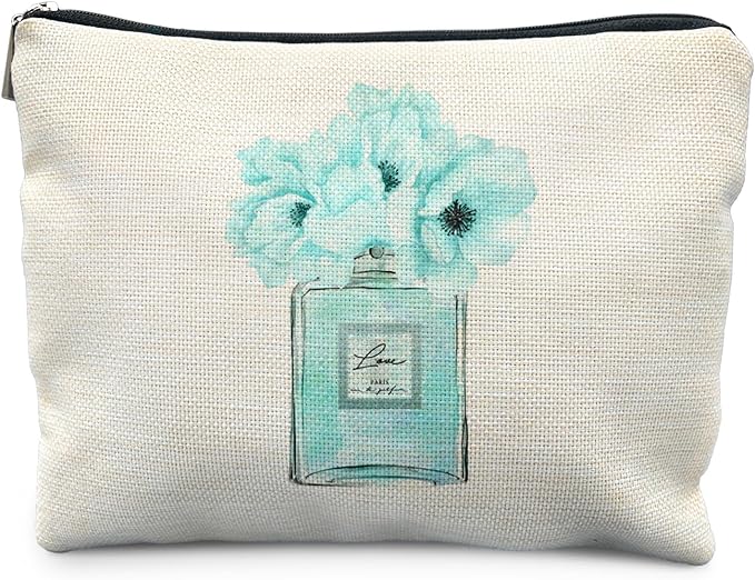 Trendy Teal Makeup Bag for Women, Fashion Turquoise Floral Perfume Bottle Modern Aesthetic Cosmetic Bag for Purse, Preppy Girly Turquoise Makeup Zipper Pouch