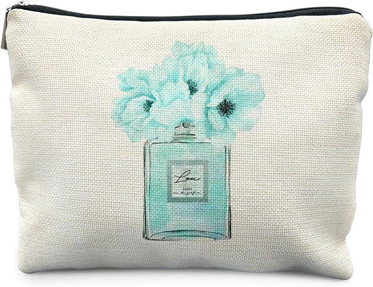 Trendy Teal Makeup Bag for Women, Fashion Turquoise Floral Perfume Bottle Modern Aesthetic Cosmetic Bag for Purse, Preppy Girly Turquoise Makeup Zipper Pouch