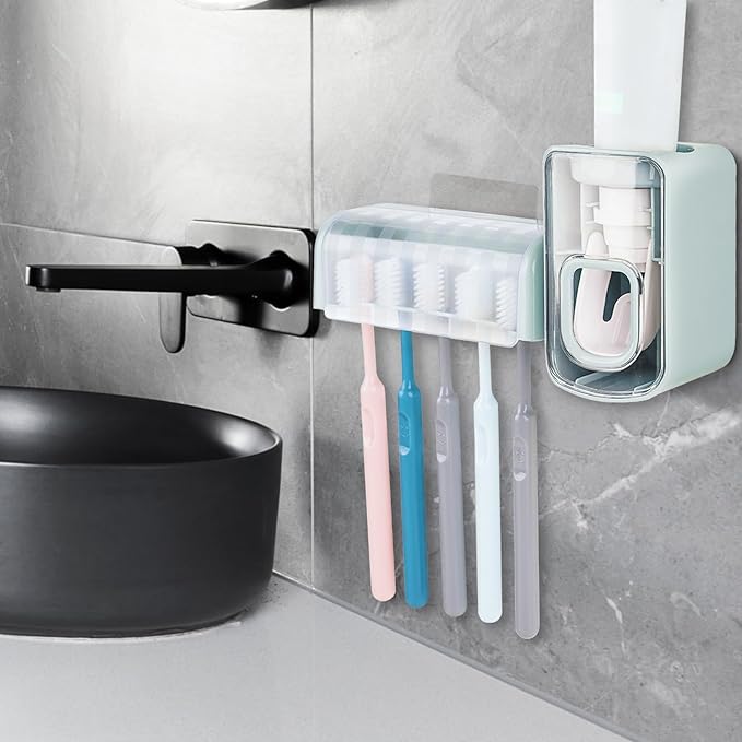 5 Slots Wall Mount Toothbrush Holder with Cover, Self Adhesive Toothbrush Storage Organizer for Shower, Toothbrush Hanger with Automatic Toothpaste Squeezer Dispenser (Blue)