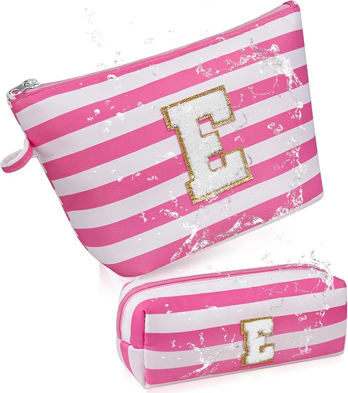 Initial Makeup Bag Personalized Stripe Cosmetic Bag Cute Waterproof Travel Toiletry Bag Birthday Gifts for 10 11 12 13 14 15 16 Years Old Teen Girl Gift Trendy Stuff (Pink E)