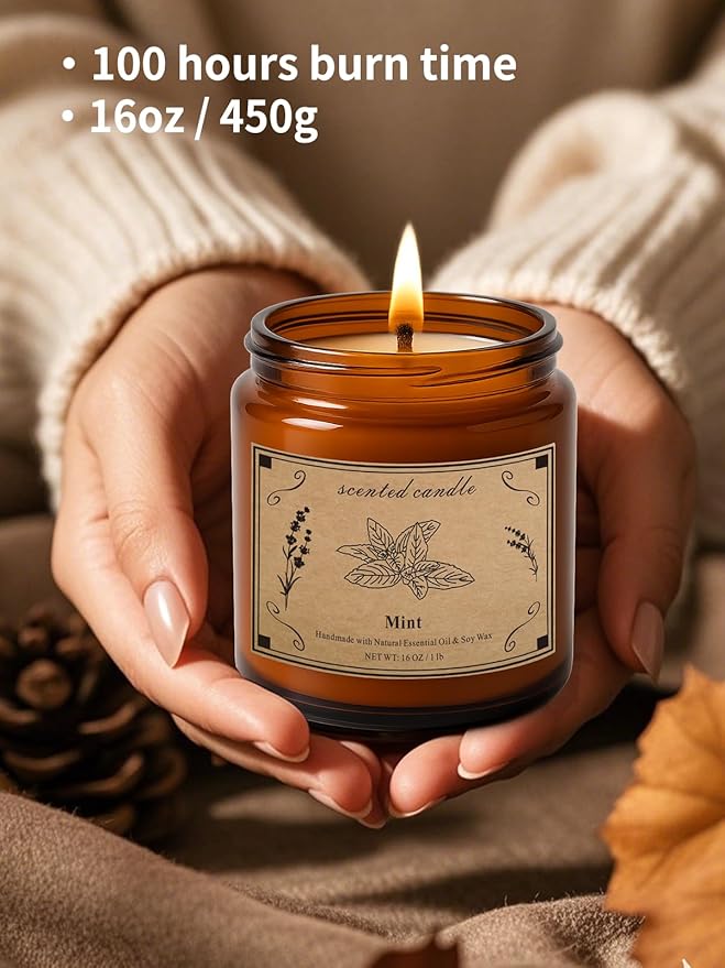 Home Scented Candles, 16oz Large Jar Scented Candle – Mint Soy Wax Candle with 100 Hour Burn Time, Long Lasting Aromatherapy Candle for Cooling Freshness, Relaxing Home Fragrance & Gift Candles