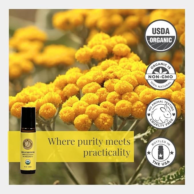 Silk Road Organic Helichrysum Italicum Essential Oil Roll On, USDA Certified, for Skin Vitality & Anti-Aging - 10 ml Aromatherapy Roller - Always Pure, Always Organic
