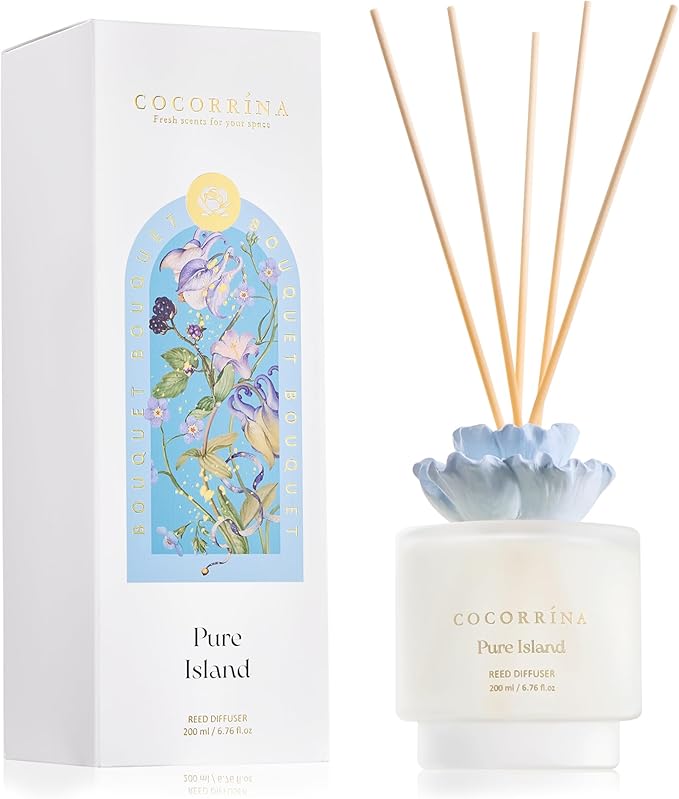 COCORRÍNA Gypsum Flower Reed Diffuser – Pure Island Scent, 6.76 oz Oil with 8 Sticks, Long-Lasting Home Fragrance for Bathroom Décor