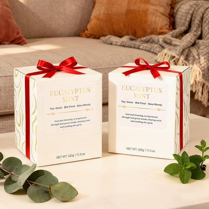 2 Pack Candles for Home Scented,Wood Wick Eucalyptus Mint Scented Candle,22.6 oz 150 Hour Long Burning Lasting, Natural Soy Wax Candles Gifts Set,for Christmas Day