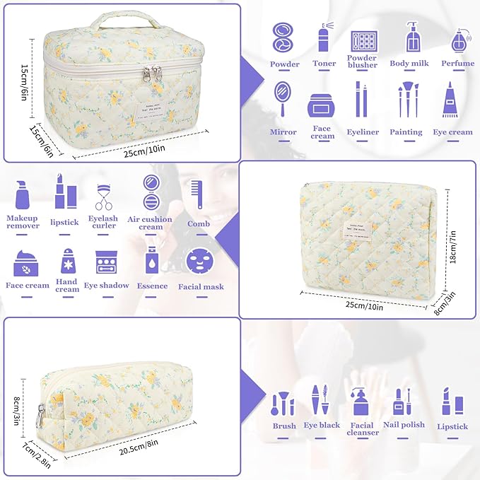 Quilted Makeup Bag Set, Large Floral Cosmetic Bag for Women, Cute Cotton Makeup Bag, Flower Travel Toiletry Organizer Bag (Yellow Daylily)
