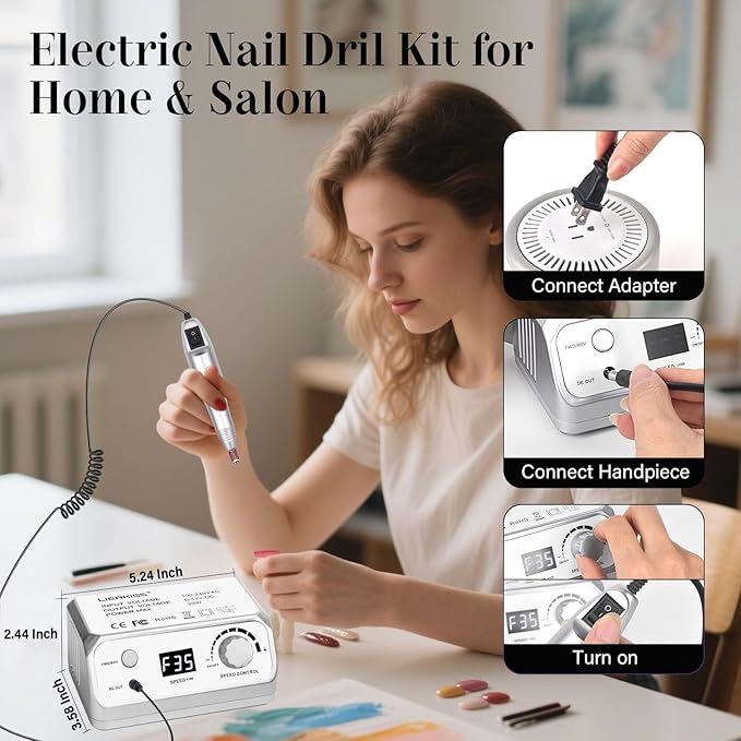 Professional Nail Drill 35000RPM Drill Nail Electric Nail File Dril Nails with 100pcs Sanding Bands and Nail Drill Bits for Acrylic, Gel Nail Manicure & Pedicure