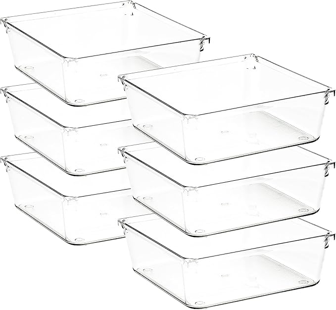 6 Pack Drawer Organizer - 6" X 6" Clear Acrylic Storage Bins with Non-Slip Pads, Versatile Desk Tray for Makeup, Jewelry, Kitchen, Bathroom, and Office Organization