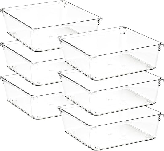 6 Pack Drawer Organizer - 6" X 6" Clear Acrylic Storage Bins with Non-Slip Pads, Versatile Desk Tray for Makeup, Jewelry, Kitchen, Bathroom, and Office Organization