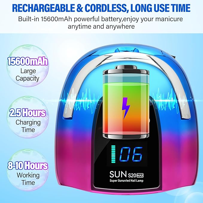 UV LED Nail Lamp Dryers Cordless 128W Portable Rechargeable UV Light for Gel Nails Polish Kit,Fast Curing Wireless Builder Gel Lamp with Sensor 3 Timer LCD Display 48 LED,Manicure Pedicure Art Tools