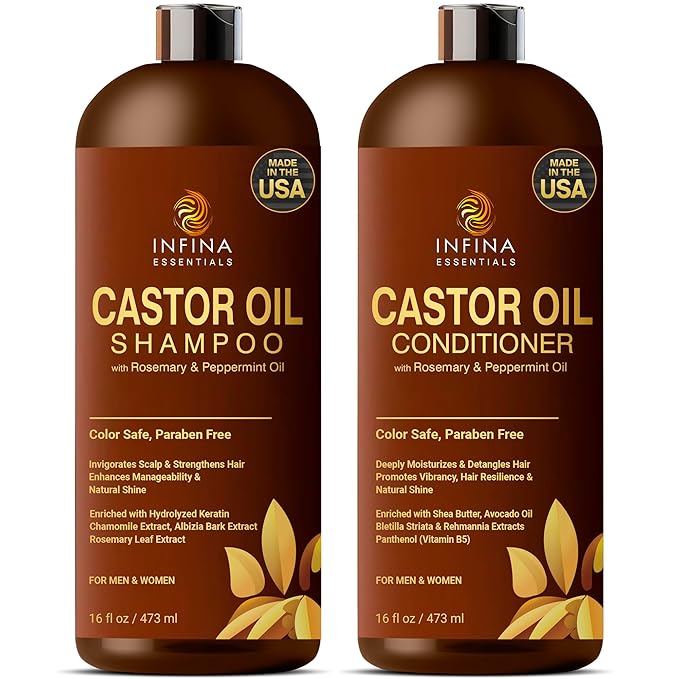 Castor Oil Shampoo and Conditioner Set for Hair Growth with Rosemary & Peppermint Oil - Cleanse Hair, Strengthen & Shine with Castor Shampoo and Conditioner - Anti-Hair Loss for Men & Women - 16 fl oz