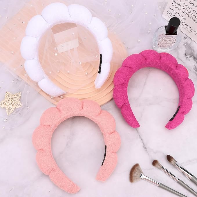 3 Pack Spa Headbands - Terry Cloth Puffy Hair Bands for Skincare, Makeup Removal, and Facial Cleansing