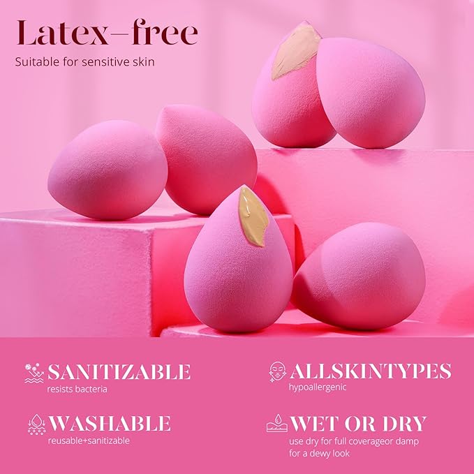 BEAKEY Super Soft Makeup Sponge Set of 6, Makeup Sponges for Foundation, Liquid, Cream and Powder, Pink Beauty Sponge for Blending, 0 Latex Blender