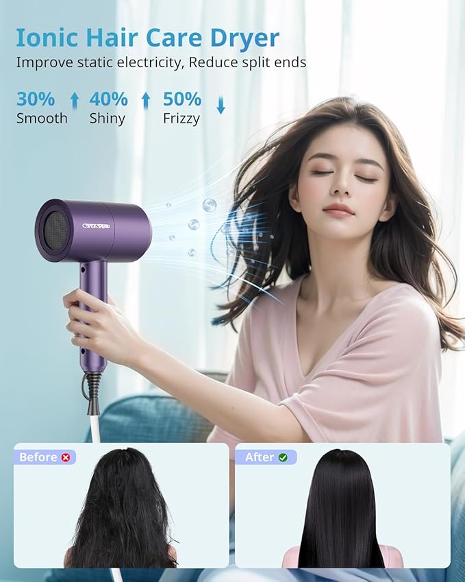 SHRATE Lightweight Ionic Hair Dryer with Diffuser - Powerful 1800W Blow Dryer for Fast Drying - Professional Low Noise Mini Hair Dryer for Travel, Gifts, Hair Styling