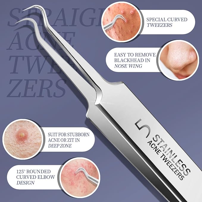 Teenitor 7 Pcs Pimple Popper Tool Kit, Surgical Grade Blackhead Remover Tools, Ingrown Hair Tweezers, Blackhead Extractor Pimple Extractor, Black Head Remover for Face