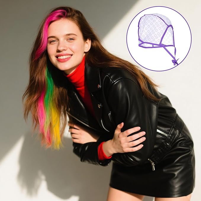 3PCS Highlight Cap, Hair Highlighting Caps With 3 Plastic Crochet Hooks Highlighting Kit for Hair Coloring Salon Dyeing Bleach Salon and DIY Hairdressing Supplies(Pink Blue Purple)