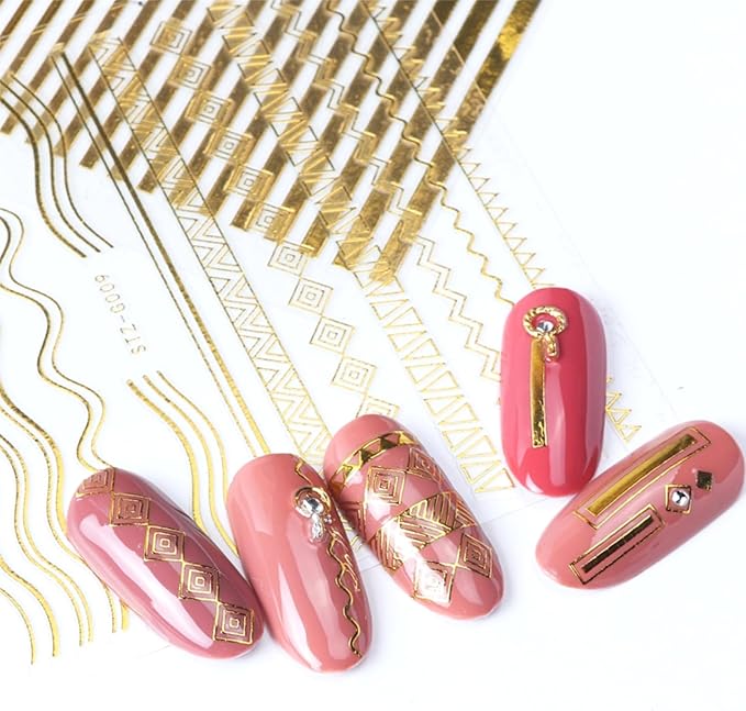 12 Sheets Gold Nail Stickers for Nail Art 3D Self Adhesive Line Nail Decals Gold Nail Art Stickers Gold Stripe Wave Nail Design French Nail Supplies for DIY Manicure Decoration for Women