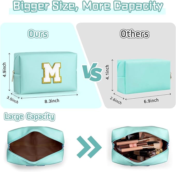 TOPEAST Preppy Patch Makeup Bag, Chenille Letter Pouch Cosmetic Bag, PU Leather Waterproof Toiletry Bag, Personalized Birthday Gift for Women Girl, Cute Stuff for Girls (Blue B)