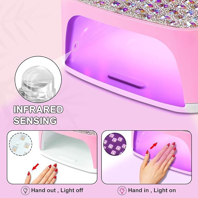 LIMEGIRL UV LED Nail Lamp Kit for Gel Polish Professional Fast Curing Pink Dryer Light Set with 4 Timer Settings Cordless Rechargeable Nail Art Cure Machine with UV Gloves and Automatic Sensor