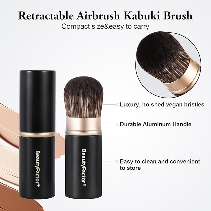 Retractable Kabuki Makeup Brush,Round Head Travel Makeup Brush Portable Brushes for Powder and Liquid Foundation, Bronzer, Blush and other face makeup With Aluminum Handle
