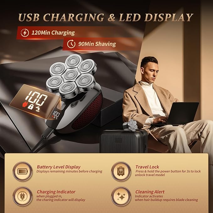 Head Shavers for Bald Men, Professional 5-in-1 Electric Head Shaver Grooming Kit, 7D Floating Wet & Dry Electric Razor for Bald Heads with LED Smart Display & Type-C Charging for Hair/Face/Beard