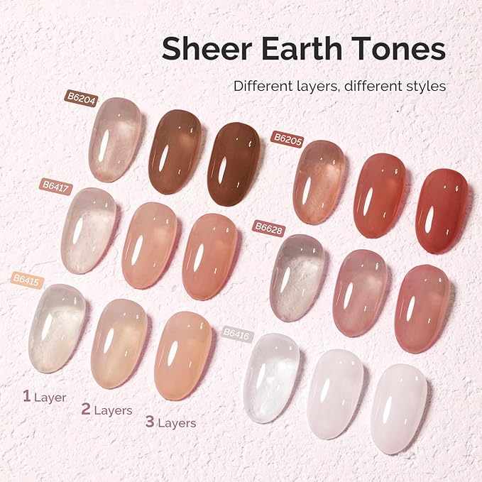 MelodySusie Jelly Gel Nail Polish Set,6 Transparent Colors,Milky or Jelly Texture,Sheer Earth Tones Colors Soak Off UV LED Light Cure or Salon Manicure and Nail Art DIY at Home