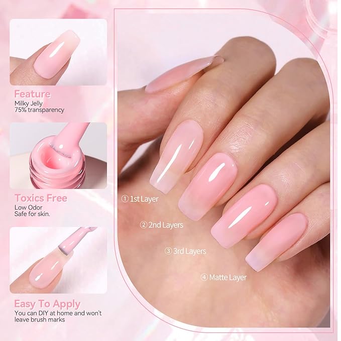 Born Pretty Jelly Gel Nail Polish Jelly Light Pink Gel Polish Sheer Translucent Soak Off Hema-Free Gel Polish Nail Art DIY 15ML