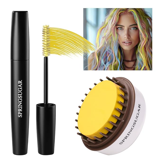 Yellow Temporary Hair Chalk Color Comb + Washable Hair Mascara Dye for Girls Kids, Makeup Vibrant Dye Hair Colors for Halloween, Cosplay, Sporting Events, DIY Hair Parties Christmas