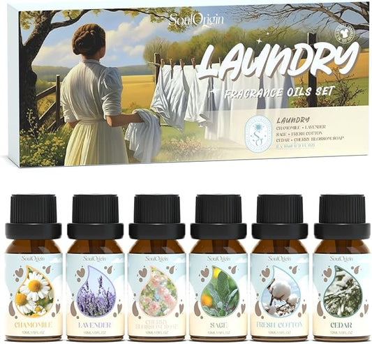 Laundry Fragrance Oils Set, Essential Oil Gift Set for Diffuser, Clean Scent Diffuser Oil, Use with Wool Dryer Balls or Diffuser,Chamomile, Fresh Cotton, Sage, Cedar, Lavender, Cherry Soap
