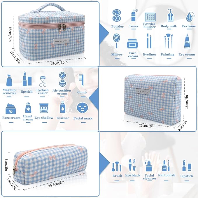 3pc Makeup Bag Set, Quilted Makeup Bag Set, Large Floral Cosmetic Bag for Women, Cute Cotton Makeup Bags, Flower Travel Toiletry Organizer Bag (Blue Plaid Bow)
