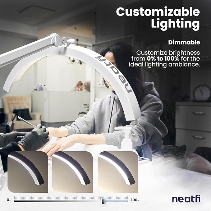 Neatfi Half Moon LED Table Lamp for Estheticians, Nail Tech, and Cosmetician for Manicure Art, Facial, Waxing, Threading and Tattoo, 2500 Lumens, 5 Light Modes (with Clamp, White)