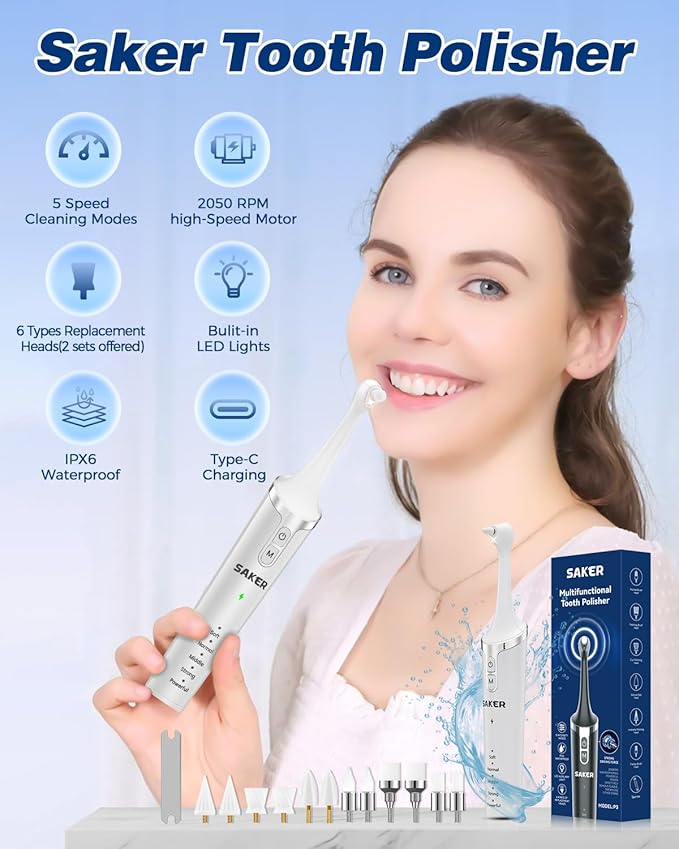 Saker Tooth Polisher, 2 Set Replacement Polishing Brush Heads(12pcs) Included, Rechargeable Tooth Polishing Kit, Dental Teeth Polisher with LED Light, 5 Speed Modes, Waterproof - White