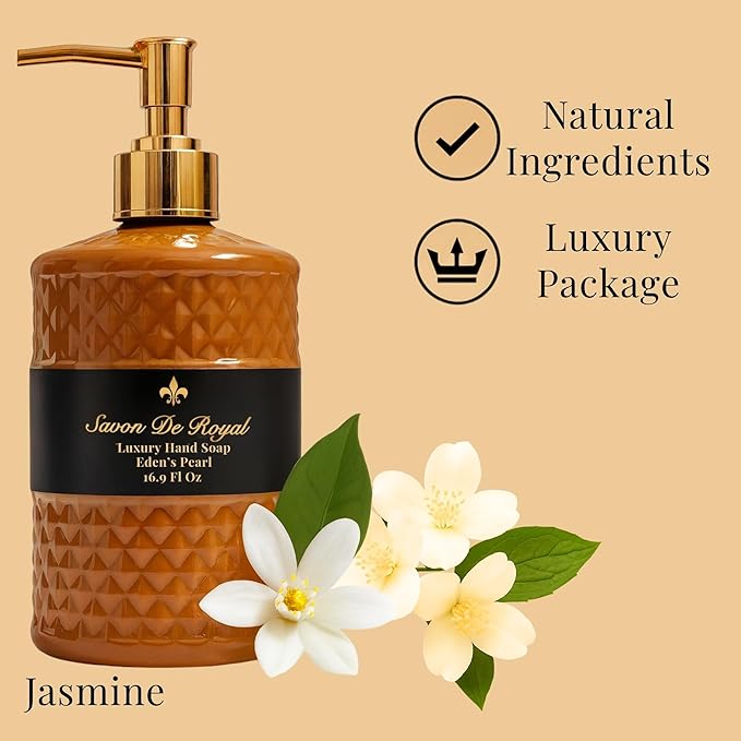 Luxury Liquid Hand Soap, Jasmine Scent, Moisturizing Vegan Kitchen & Bathroom Soap for Hand Wash, Gentle & Nourishing Formula, Refillable Bottle 16.9 Fl Oz, Eden's Pearl