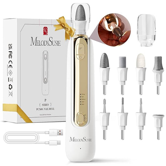 MelodySusie Cordless Pedicure & Manicure Nail Drill Kit, PC760G for Salon-Quality Foot Care for Home & Travel, Rechargeable with 5 Speeds, 8-in-1 Bits, 360° LED Light & Anti-Dust Shield, White