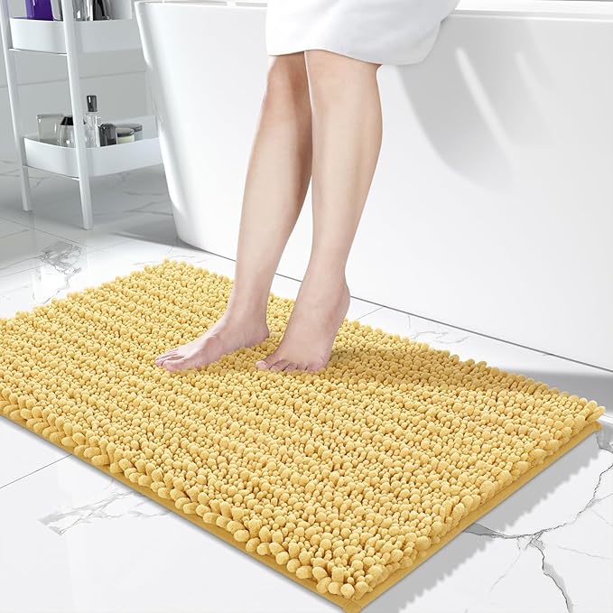 Yimobra Long Bathroom Rugs Non Slip Washable 44x24 Inch - Ultra Soft Absorbent Chenille Bath Mat, Quick Dry Shaggy Floor Carpet for Tub Shower, Yellow Home Decor Accessories