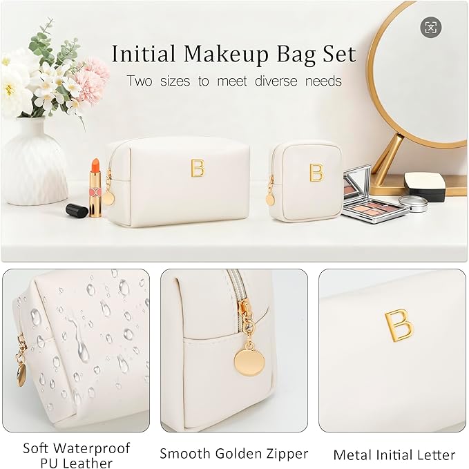 Personalized Christmas Gifts for Women - Initial Makeup Bag Birthday Gifts for Women Travel Toiletry Bag Cosmetic Bags with Soft PU Leather (Beige B)