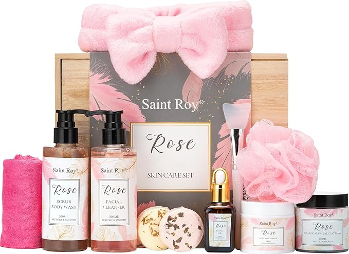 Spa Gifts for Women, Self Care Kit ROSE Scented with Facial Cleanser, Scrub Body Wash, Facial Clay Mask, Facial, Essential Oil, Birthday Gifts Skin Care Set, Mothers Day Christmas Gifts for Women