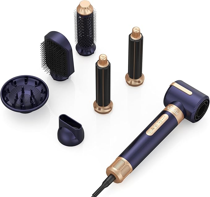 UKLISS Hair Dryer Brush 7 in 1，110000 RPM Hair Dryer with Diffuser for Curly & Twisted Hair Professional Ionic Brush Blow Dryer for Salon-Quality Styling (Blue Gold)