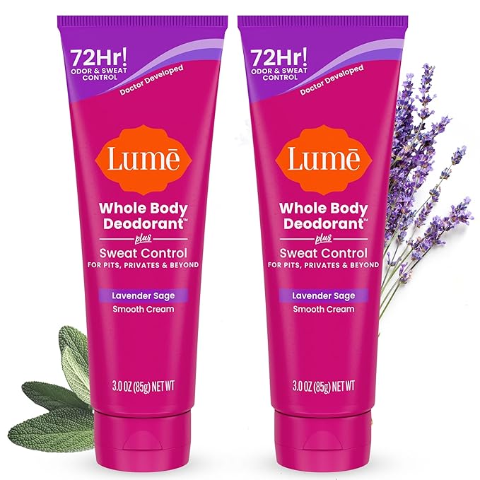 Lume Whole Body Deodorant Plus Sweat Control - Smooth Cream Tube - 72 Hour Odor And Sweat Control - Baking Soda Free, Skin Loving - 3.0 ounce (Pack of 2) (Lavender Sage)