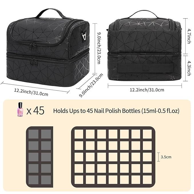 CUBETASTIC Nail Polish Organizer, Cute Nail Tech Organizers And Storage Bag Holds 45 Bottles & UV Nail Lamp, Compact Double-Layer Travel Nail Supplies Case for Nail Kit (Triangle Black, 45 Slots)