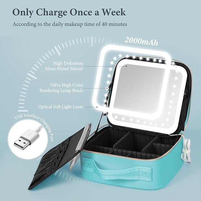 Travel Makeup Bag with LED Lighted Mirror, Cosmetic Makeup Organizer Bag with 3 Color Setting, Makeup Train Case with Adjustable Dividers for Women Makeup Brushes Jewelry Accessories