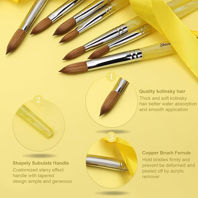 Acrylic Nail Brush Size 8, 100% Pure Kolinsky Nail Brush for Acrylic Application, Professional Nail Extension Manicure Tool Nail Drawing Pen for DIY Home Salon(Yellow)