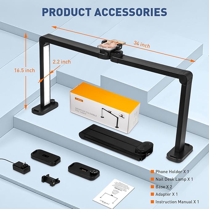 KIRKAS 34inch Large Half Moon Light for Nail Tech, 456 LEDs 3 Color Modes Infinitely Knob Arch Nail Light with Phone Holder Charging Function, Foldable Lighted Desk Lamp for Manicure, Handicraft-Black