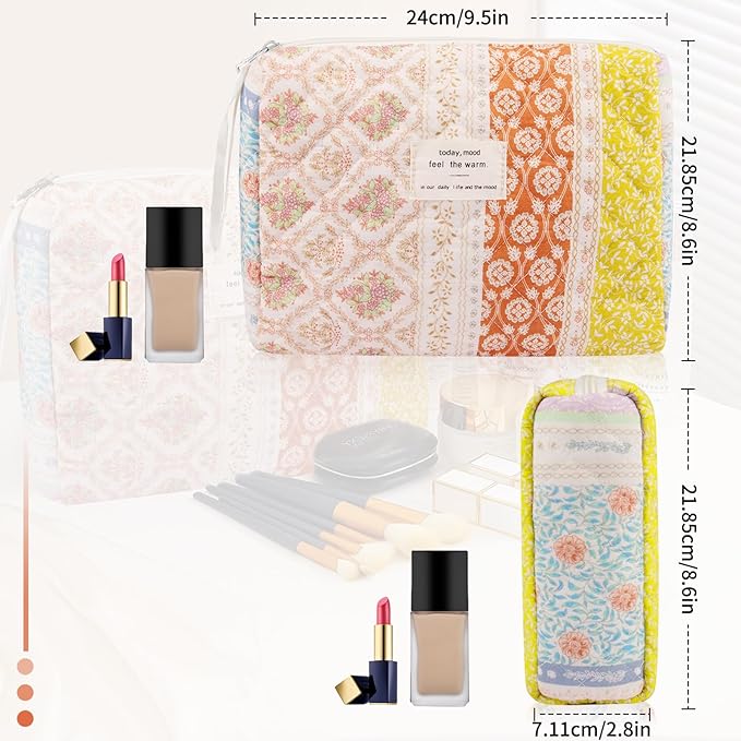 Floral Makeup Bag, Small Cosmetic Bag for Women Girls, Cute Cotton Makeup Bag, Quilted Makeup Bags, Flower Travel Toiletry Organizer Bag(Color-Coded Floral)