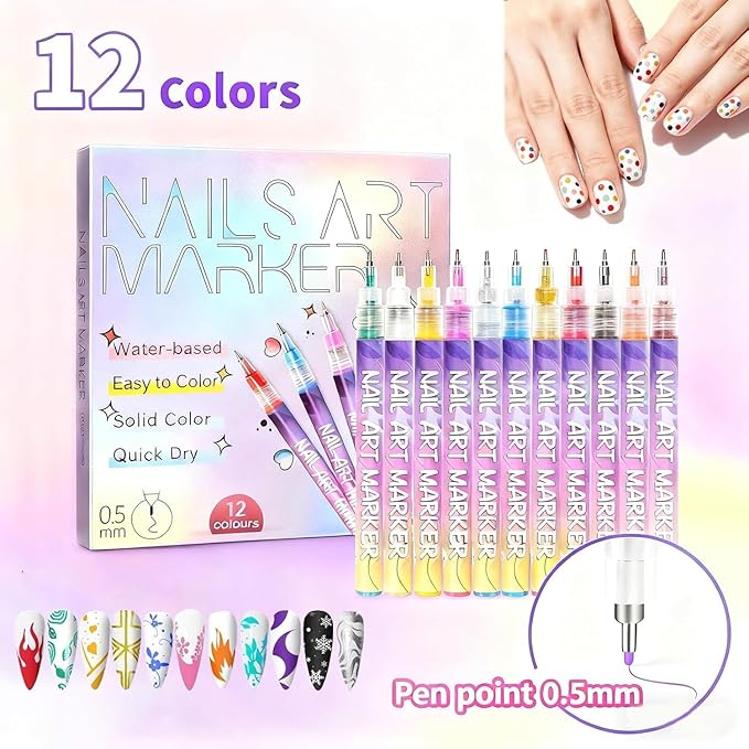 12 Colors Nail Art Pens Set, Nail Art Markers Polish Pen for 3D Nail Art, Drawing Painting Liner Brush for DIY Nail Art Beauty Adorn Manicure Tools (12 colors)