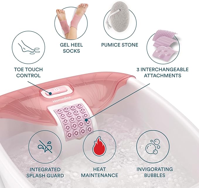 Homedics Bubble Bliss® Deluxe Footbath Gift Set – Heated Foot Spa with Invigorating Bubbles, 3 Massage Attachments, Pumice Stone, Moisturizing Heel Socks & Splash Guard for Ultimate Relaxation