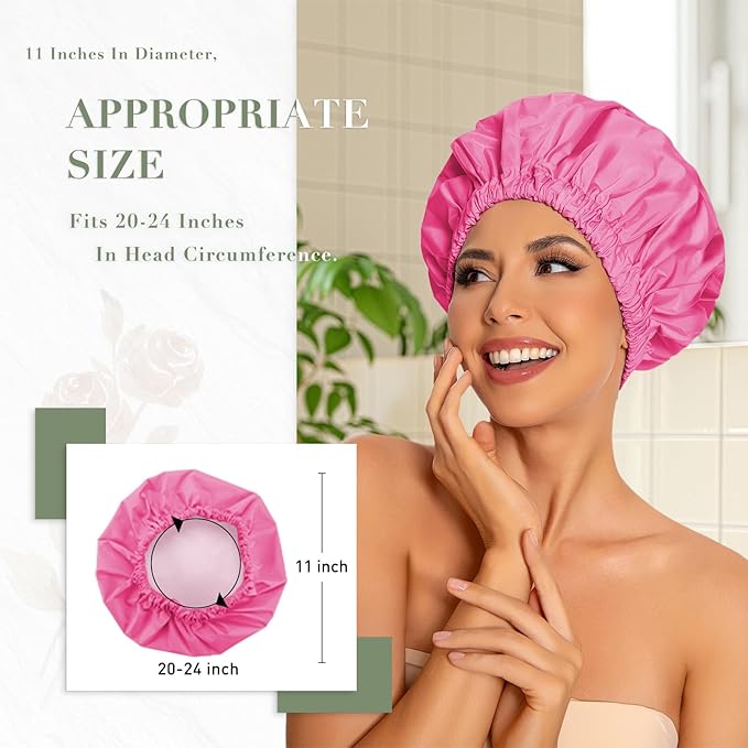 Reusable Shower Cap for Women, Large Waterproof Shower Essentials Bonnet Washable Elastic Band Bath Hair Wrap Hat for Long Hair, Braids(Rose Red)