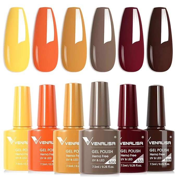 VENALISA Fall Gel Nail Polish Set of 6 Fall Colors Yellow Orange Red Burgundy Brown Gel Polish Kit Soak Off UV Gel Salon Nail Art DIY at Home Manicure