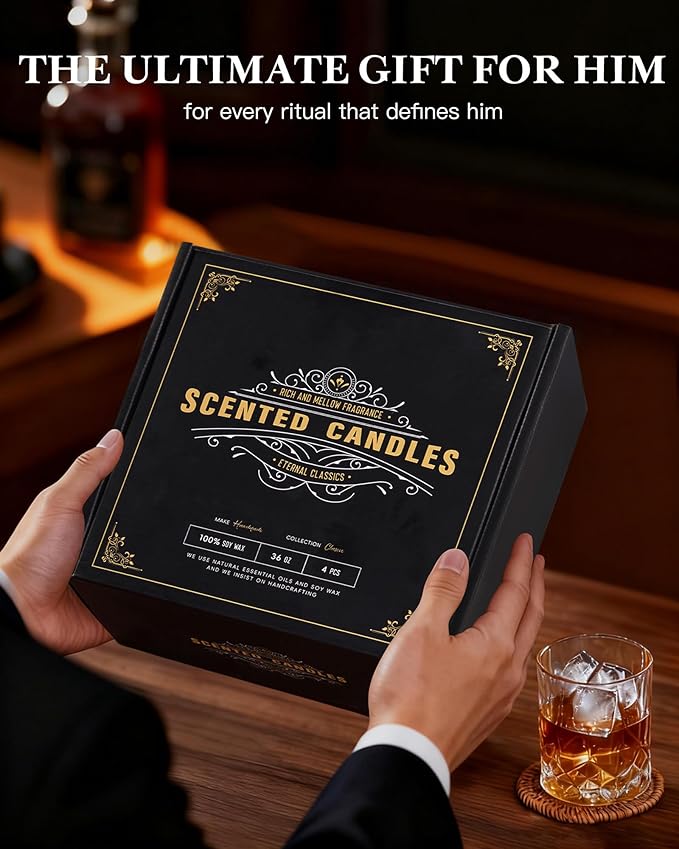 Crackling Wood Wick Candles for Men: 4 Pack 36oz Soy Scented Candles for Home Scented, Up to 200H Burning, Masculine Mens Candle Set, Aromatherapy Candle Gift Set for Fathers Birthday Christmas Gifts